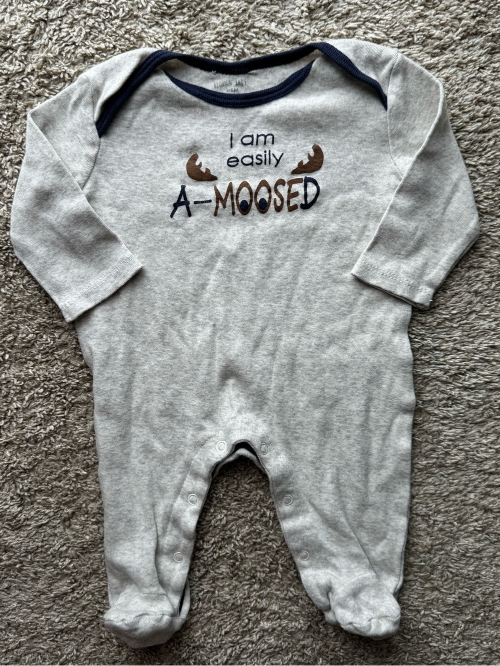 Bloomin’ Baby “I Am Easily A-Moosed” Footed Sleeper Gray Moose Pajamas 3-6M